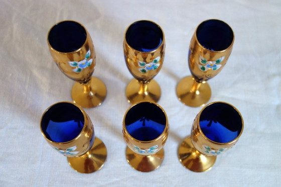 6 bicchieri da aperitivo Murano blu cobalto e oro vintage, Bicchieri e caraffe (foto 3 di 11)