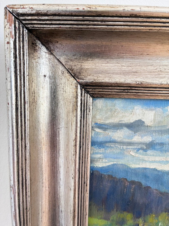 Image 1 of Peinture à l'huile originale vintage représentant un paysage champêtre.