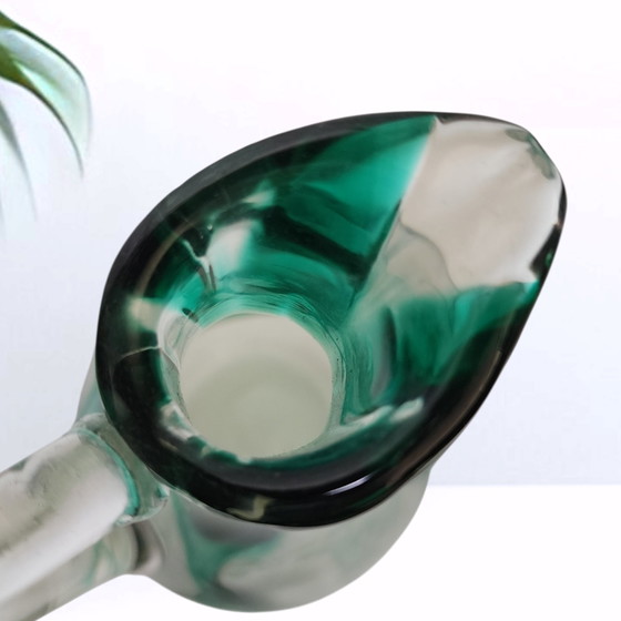 Vintage glass carafe / handle vase - clear glass with green train decoration, mid-century studio glass, 27 cm (photo 3 of 7)