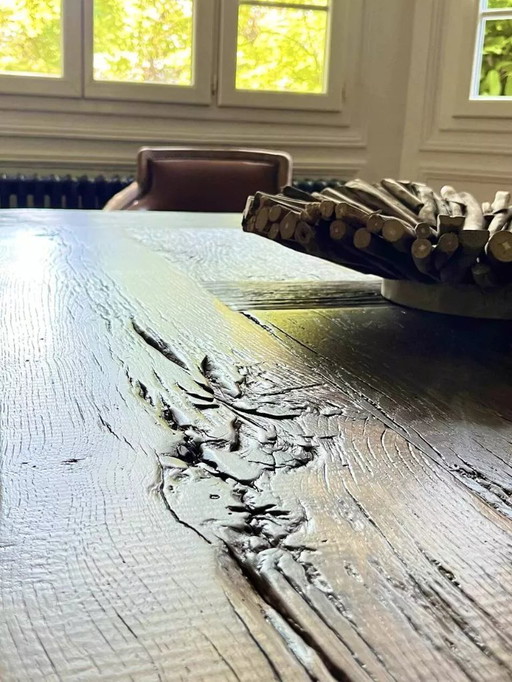 Farm table made from solid antique oak (top and legs), for an incomparable look and feel. The wood used is 200-year-old French o