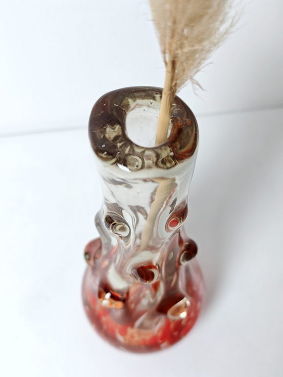 Image 1 of Vintage Hand Blown Art Glass Vase / 1970s Sommerso Style Orange Red Swirl / Retro Murano Look Decorative Vase / 