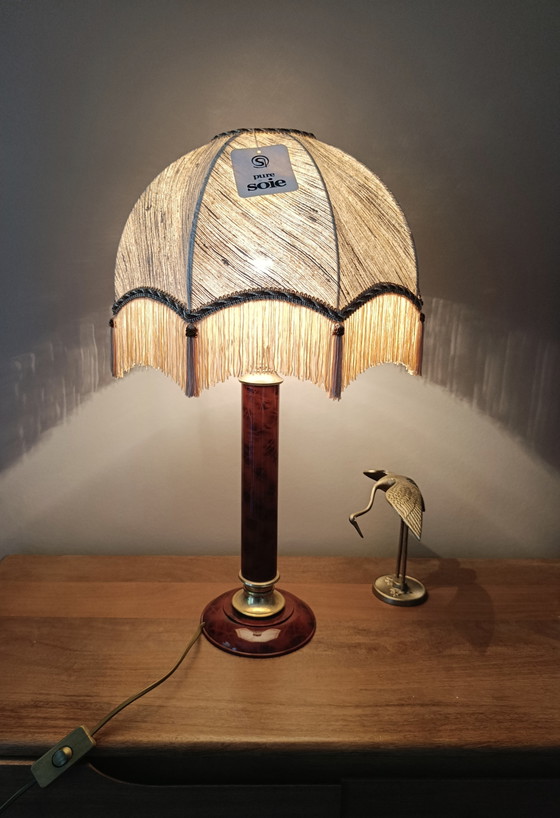 Image 1 of Lampada da soffitto di Robert de Schuytener, paralume vintage a cupola in seta con frange