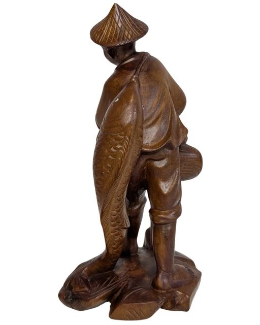 Chinese wooden lucky statue 'the fisherman with carp' – Sculpture (photo 3 of 14)