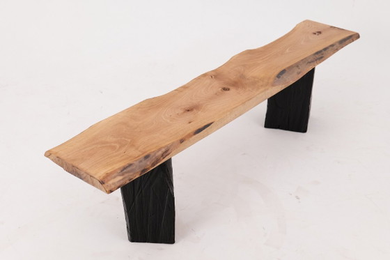 Image 1 of Live Edge Solid Wood Bench with Charred Legs, Organic Modern by Logniture