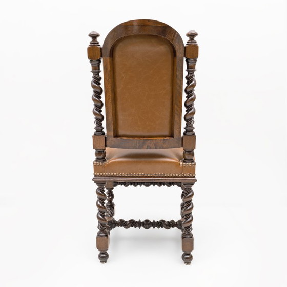 Image 1 of Six of Antique Italian Neo-Renaissance Walnut Dining Chairs in Genuine Leather.