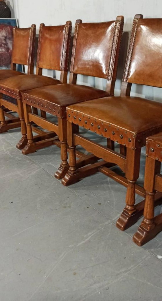 Image 1 of 6 x vintage  Spanish solid wood and leather dining chairs