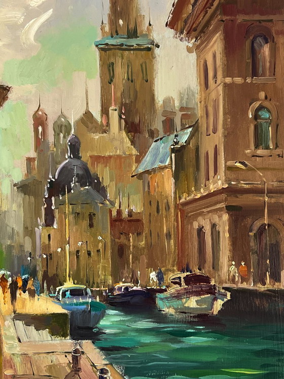 Image 1 of Original Oil Painting City River Landscape Venetian reflection