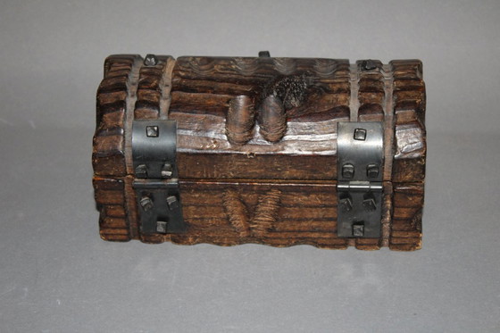 Image 1 of Wooden box, jewelry box, treasure chest, dark wood, rectangular, solid, hand-carved, vintage