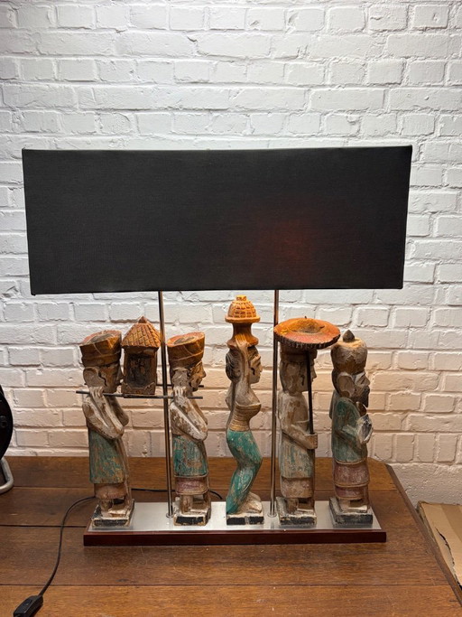 Exclusieve Flamant "Processie" Tafellamp – Handgesneden Hout – Etnisch Design – tafellampen, Metal, Textile (photo 2 of 15)