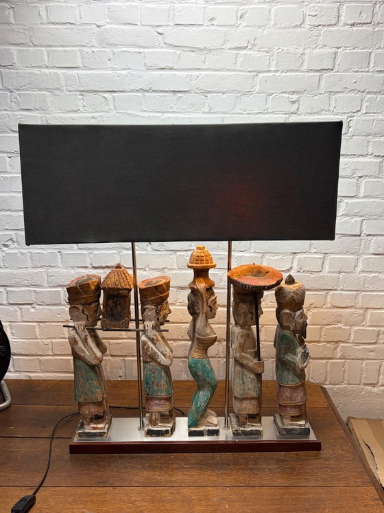 Exclusieve Flamant "Processie" Tafellamp – Handgesneden Hout – Etnisch Design – Tafellampen, Metal, Textile (photo 2 of 15)