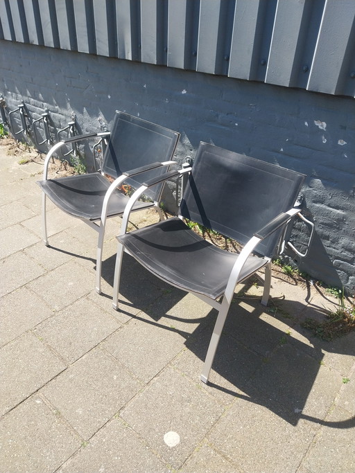 1 x set of 2 IKEA lounge chairs by Tord Björklund 1990s leather and aluminium