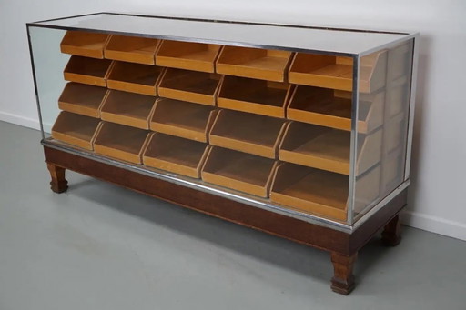 Vintage English maple and oak haberdashery cabinet/counter, 1930s