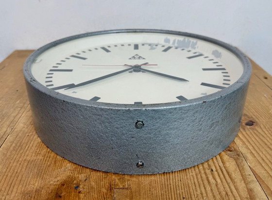 Image 1 of Industrial Grey Factory Wall Clock from Pragotron, 1960s