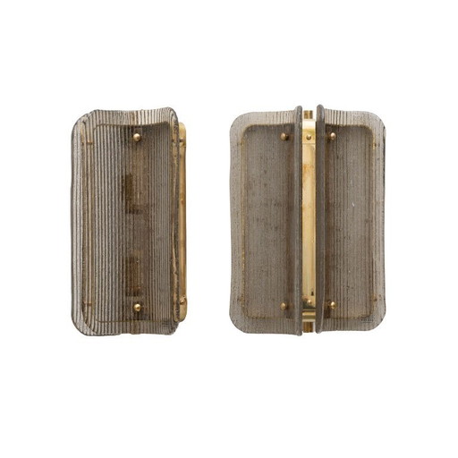 Pair of Curved, Grey Ribbed Murano Glass and Brass Wall Sconces