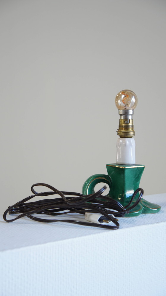 Image 1 of Vintage Groen Keramieken Frans Lampje Met Gouden Accenten
