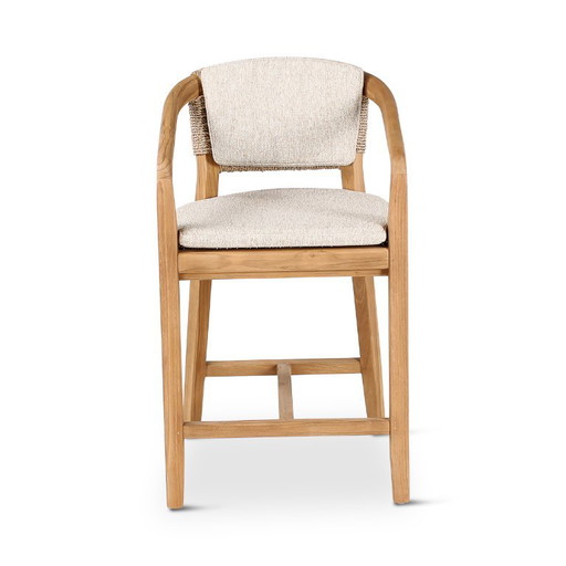 Teak Barhocker mit geflochtener Rückenlehne und Kissen, 2 Stück