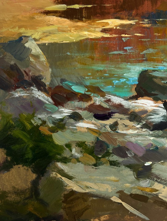 Image 1 of Original Oil Painting Autumn Coastal Landscape Birds fly over the river