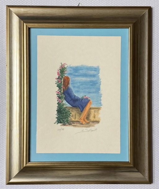 Lithographie Paola Saltarelli 25×35cm, la plante grimpante encadrée