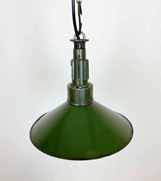 Image 1 of Industrial Green Enamel Military Pendant Lamp with Cast Aluminium Top, 1960s