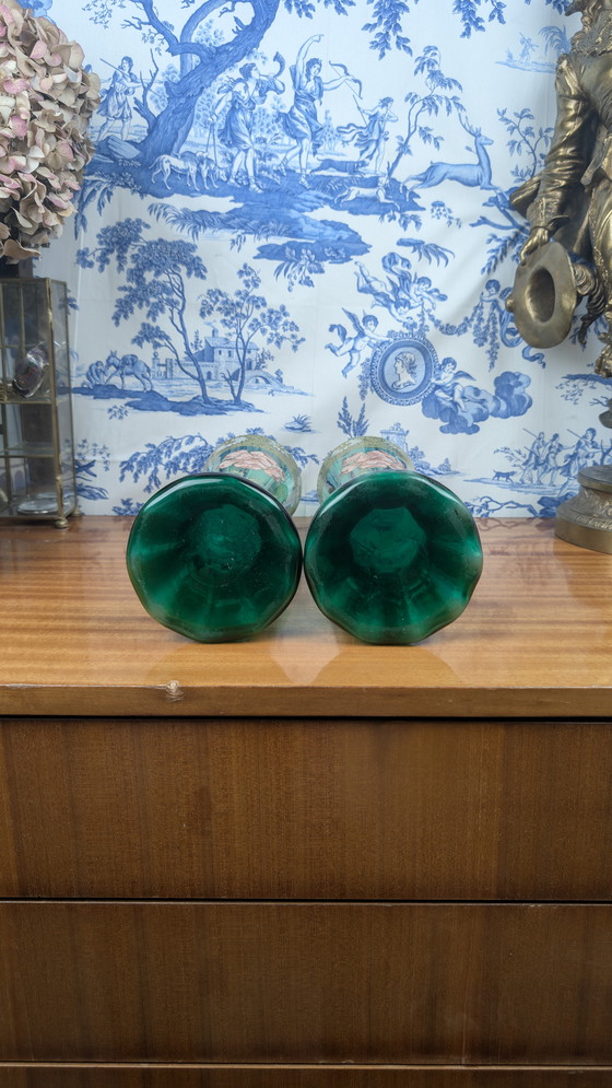 Image 1 of Coppia di vasi in vetro smaltato verde con fiori Art Nouveau di Legras-Montjoye