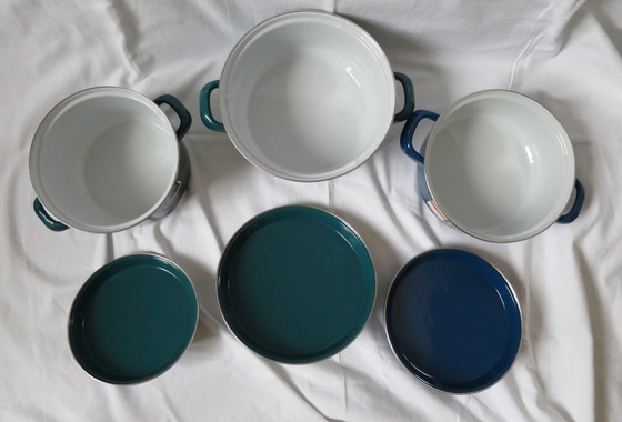 Image 1 of 3 potten geëmailleerd oud origineel retro vintage met deksel elektrisch staal