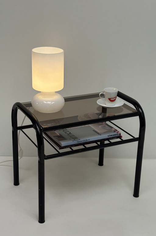 Vintage black tube frame smoked glass telephone / nightstand / side table 1980s