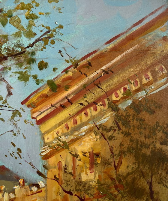 Image 1 of Original Oil Painting Autumn City Landscape The quiet whisper of a city park