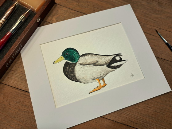 Image 1 of Dipinto ad acquerello di un'anatra | Cornice marrone scuro - Look vintage