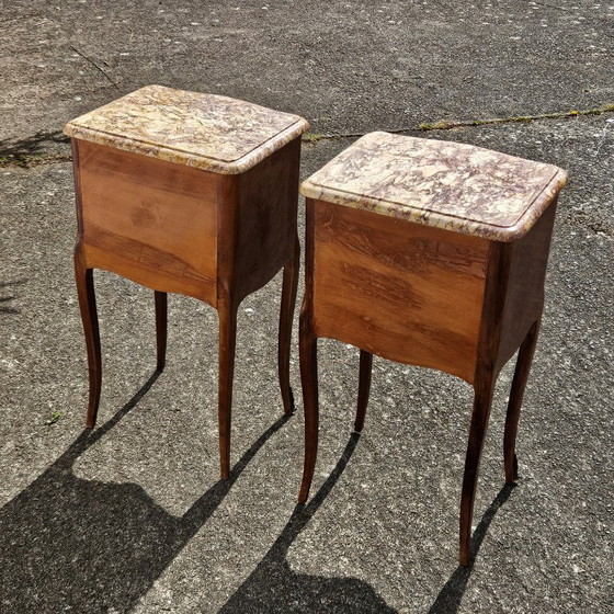 Image 1 of Chateau de Ligny - Pair of 2 French Vintage Marquetry Nightstands-Set of 2 Marble & Wood Bedside Tables-Style Louis XV - 50s