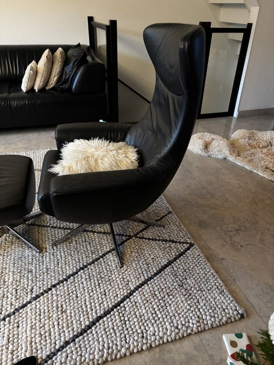 Image 1 of Stylish Egg Chair with Footstool – Black Leather