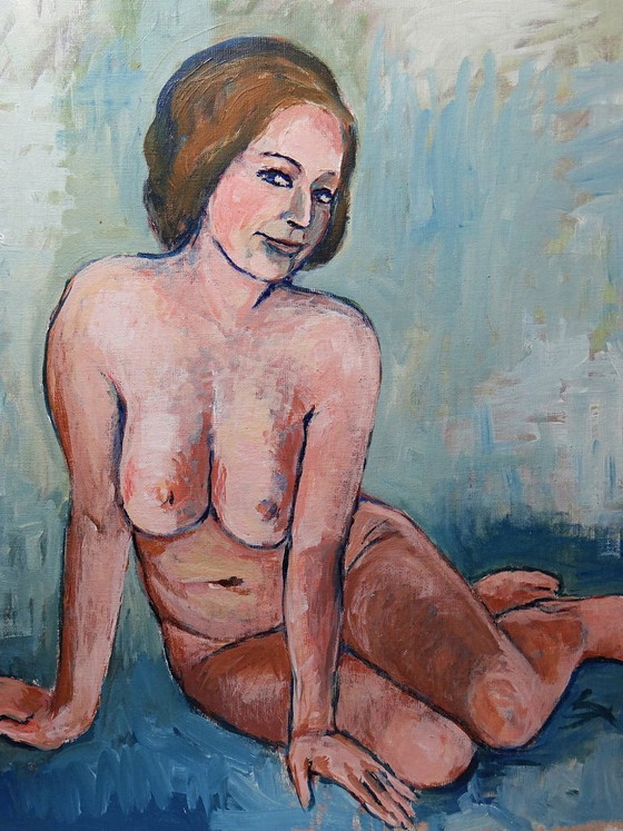 Image 1 of Vintage seated nude portrait painting, modern oil on canvas board