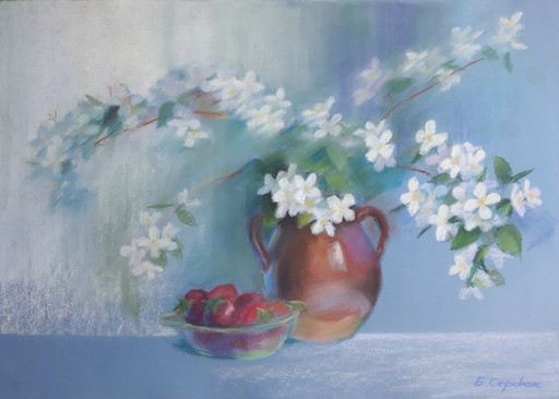 Origineel Schilderij Pastel Aquarel Stilleven Bloemen Jasmijn