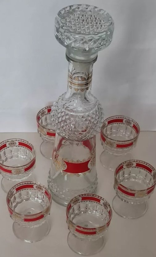 Mid - Century Carafe Set With Gold And Red Decoration