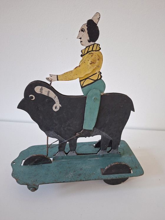 Image 1 of Metallspielzeug – Balancefiguren, Ziehfigur, Rodeo-Clown, 1930er Jahre