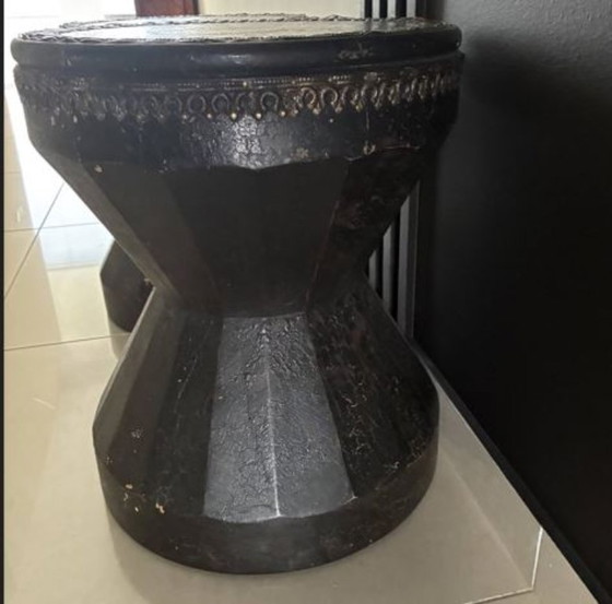 2 tabourets/tables d'appoint uniques en forme de tambour massif – Cuir et cuivre – Leather, Copper (photo 5 of 5)