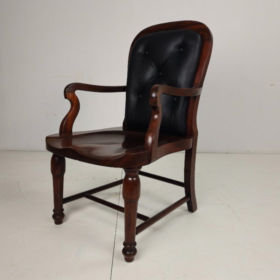 Image 1 of Sedia da biblioteca vittoriana inglese in noce e pelle