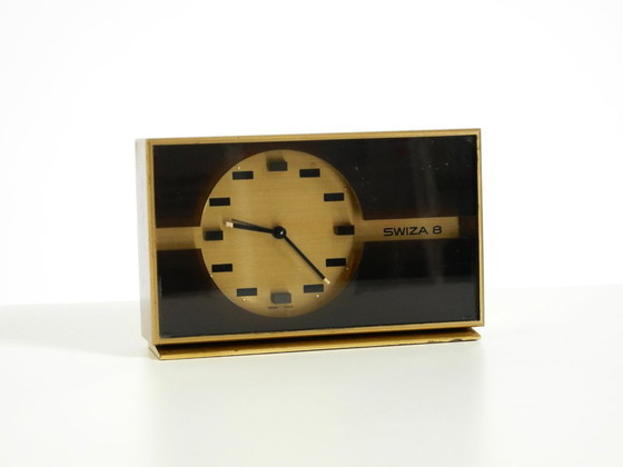Beautiful, Small, And Rare Original Mechanical Swiza 8 Table Clock In Brass With An 8-Day Movement (photo 3 of 15)