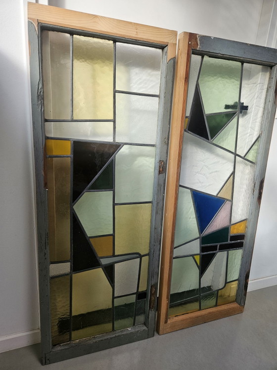 Set of antique Art Deco stained glass windows 50x130 cm., Decorative Objects, Metal, Wood, Multi Color (photo 5 of 14)