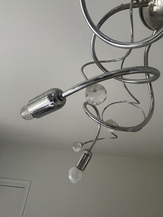 Image 1 of Lampadario in argento con 6 luci e sfere di cristallo