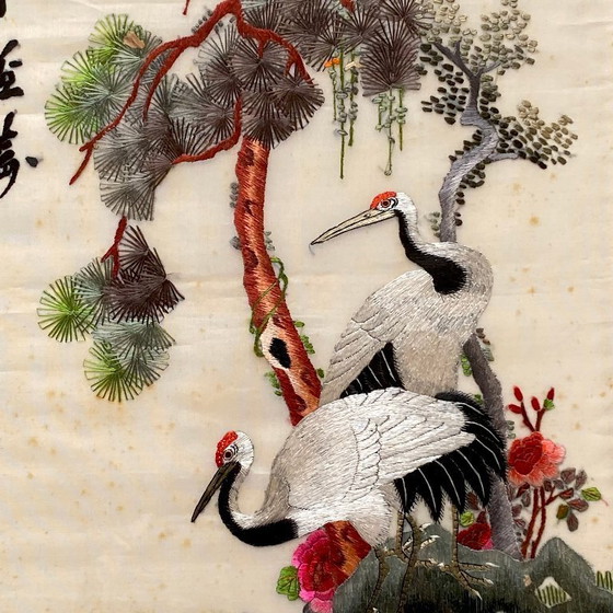 Image 1 of Vintage Asian antique embroidery picture of a stork and bird