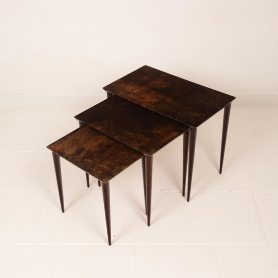 Aldo Tura Mid Century Parchment Nesting Tables Model 764 Tura Milano Italy 1950 – Side tables, Leather (photo 9 of 19)