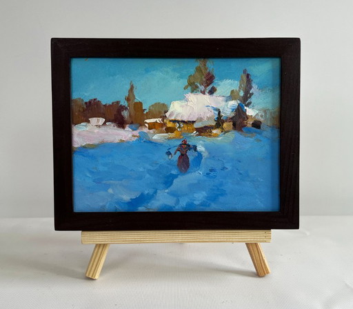 Original Oil Painting Winter Day Landscape Early winter morning