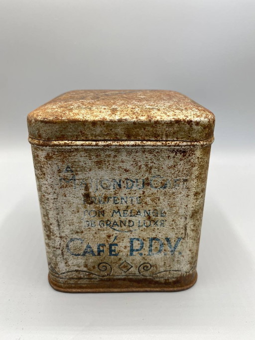 Koffiedoos van blik met reliëf – P.D.V. Coffee – De Grand Luxury Blend – Frankrijk, – decoratieve objecten, Art Nouveau