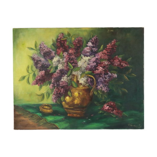 Large Colorful Floral Still Life with Lilacs Painting 90x70cm – schilderijen tekeningen, Canvas, Vintage