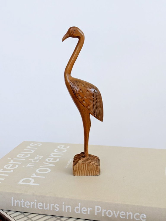 Image 1 of Midcentury Teak Wood Crane Sculpture, Hand Carved Bird, Scandinavian Modern Decor