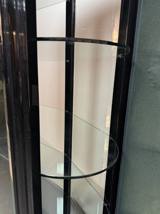 Image 1 of Rare Mid-Century Italian Design Glass Display Cabinet with White Leather Doors in Black Wooden Frame by Rossi di Albizatte. 