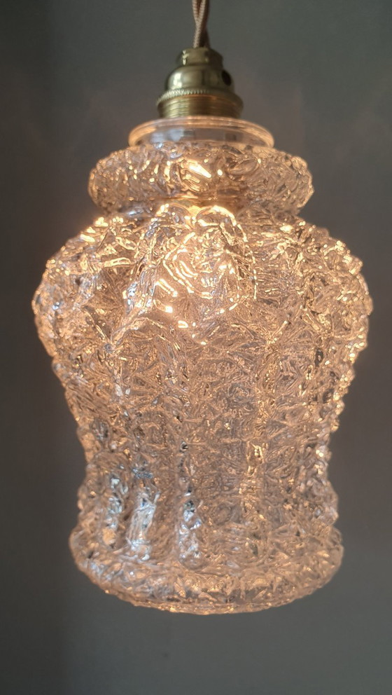 Image 1 of Set Van Twee Vintage Hanglampen Van Dik, Getextureerd Glas