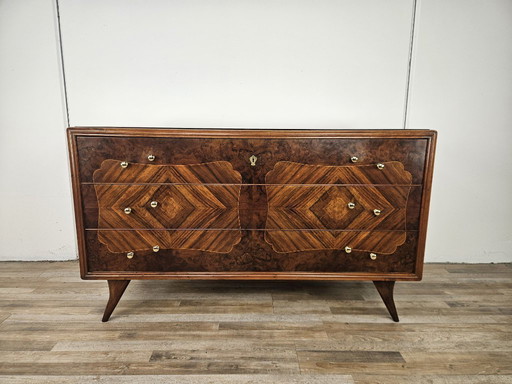 1950s chest of drawers with glass top, maple workmanship and brass knobs