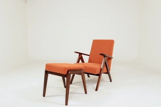 Image 1 of Vintage armchair and footrest set terracotta orange bouclé  