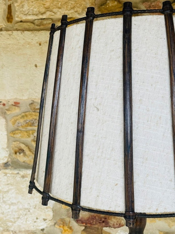 Image 1 of Mid-Century, Turned Wood, Bamboo Rattan Floor Lamp Circa 1950s